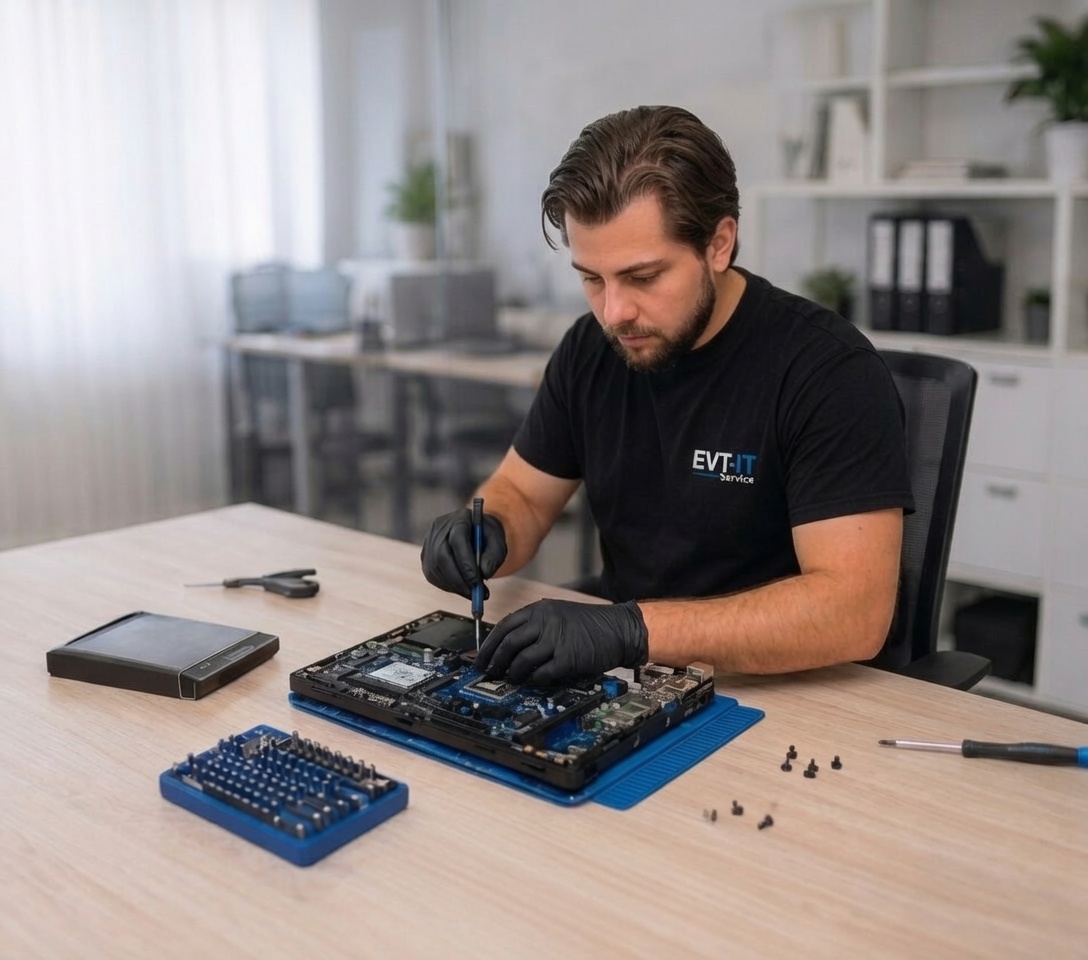 IT-Techniker der EVT-IT Service GmbH repariert einen Desktop-PC